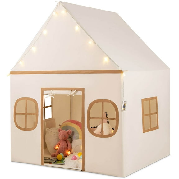 Infans Kids Play Tent with Padded Mat, Star Lights, Side Storage Bags, Door & Windows