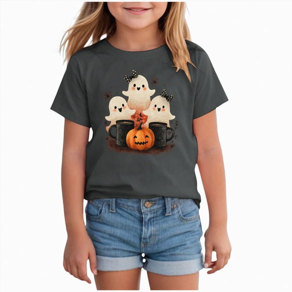 xaweyi Halloween T Shirt for Kids Girls Cute Ghost with Bow Graphic Short Sleeve Crew Neck,Sizes 10-11 Years
