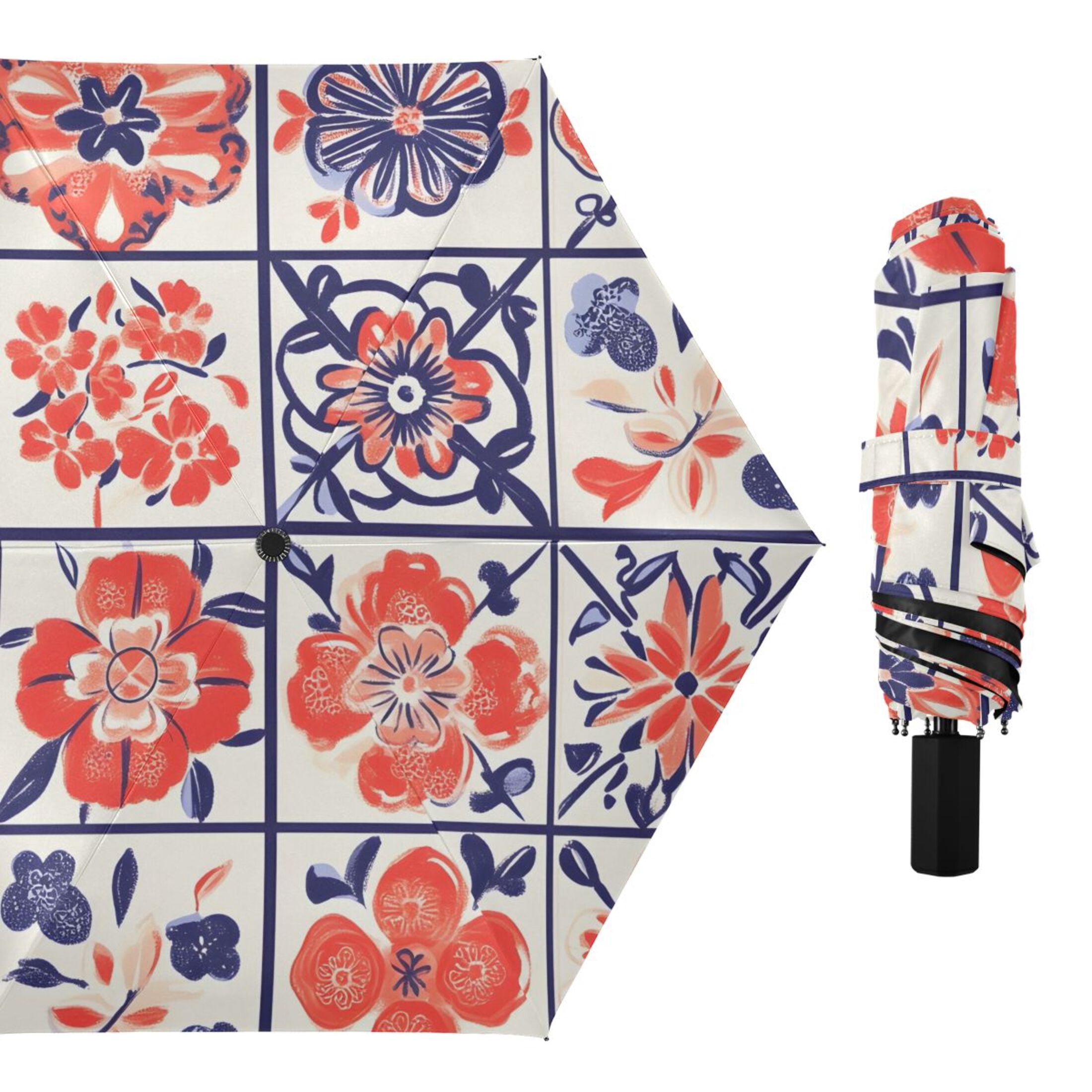 ALAZA Boho Flower in Checkered Grid UPF 50+ Compact Folding Umbrella for Rain Travel Umbrella Packable