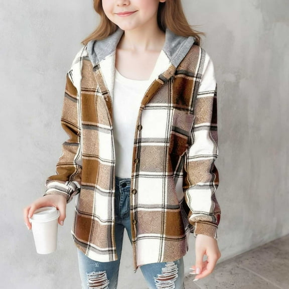 dazeni Teen Girls 4-14 Years Fashion Fuzzy Fleece Lined Shacket Jackets Casual Long Sleeve Button Down Plaid Shirt Jackets Thickened Warm Winter Hoodies Coat Thermal Outwear Coffee 6-7Years