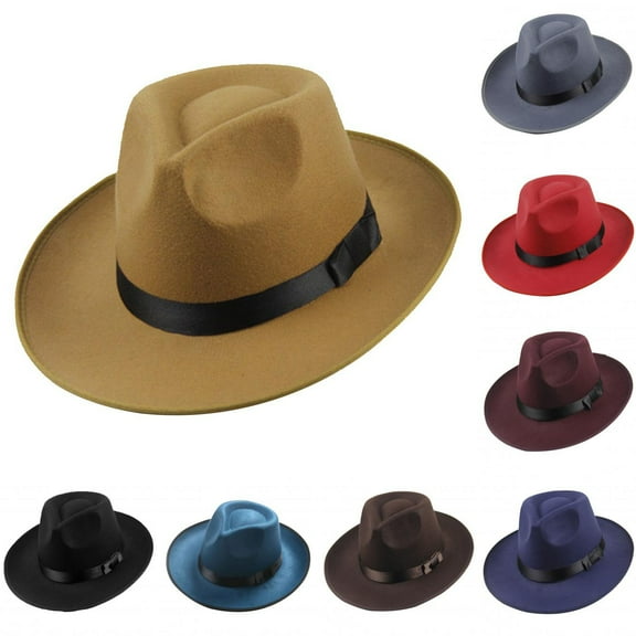 Limei Wide Brim Fedora Felt Panama Hat with Belt Buckle (Coffee)