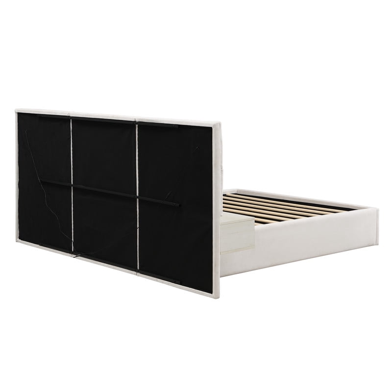 Queen Size Upholstered Bed Frame with 2 Reading Lights on Large Headboard, Storage Platform Bed Frame with 2 Open Shelves