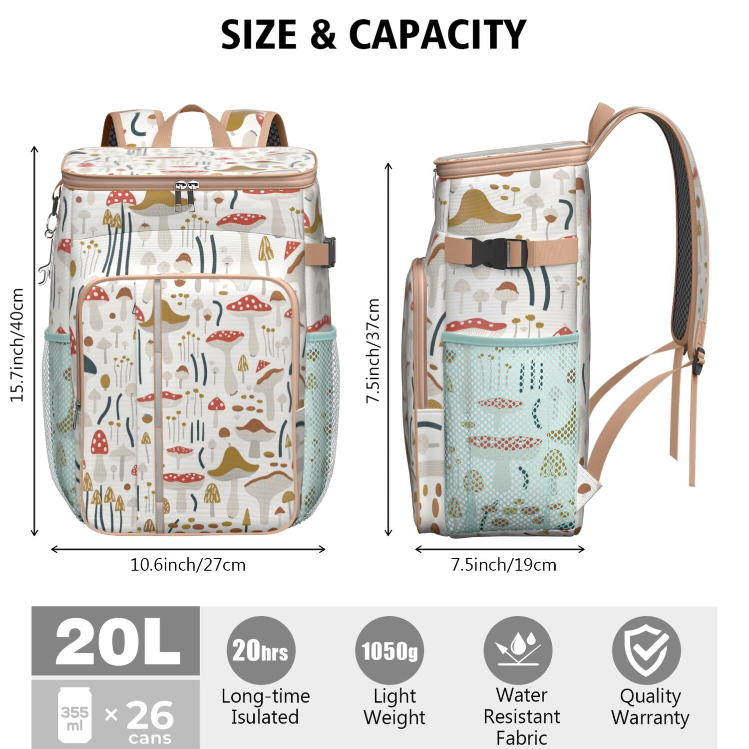 Insulated Cooler Backpack,Cooler Bag Insulated Leak Proof Travel Cooler Bag Waterproof Lunch Picnic Beach Work Trip Thermal Bag Drink Beverage Beer Bag Cooler Mushroom