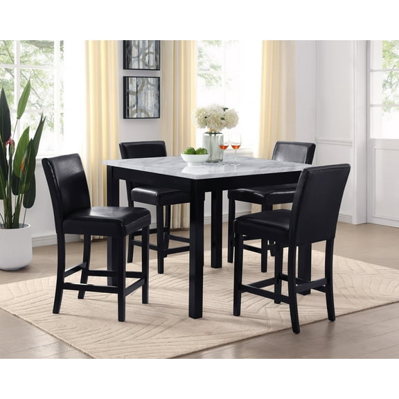 5pc Counter Height Dining Set Square White Faux Marble Table Faux Leather Upholstered Chairs Wooden Leg Dining Room Furniture Black