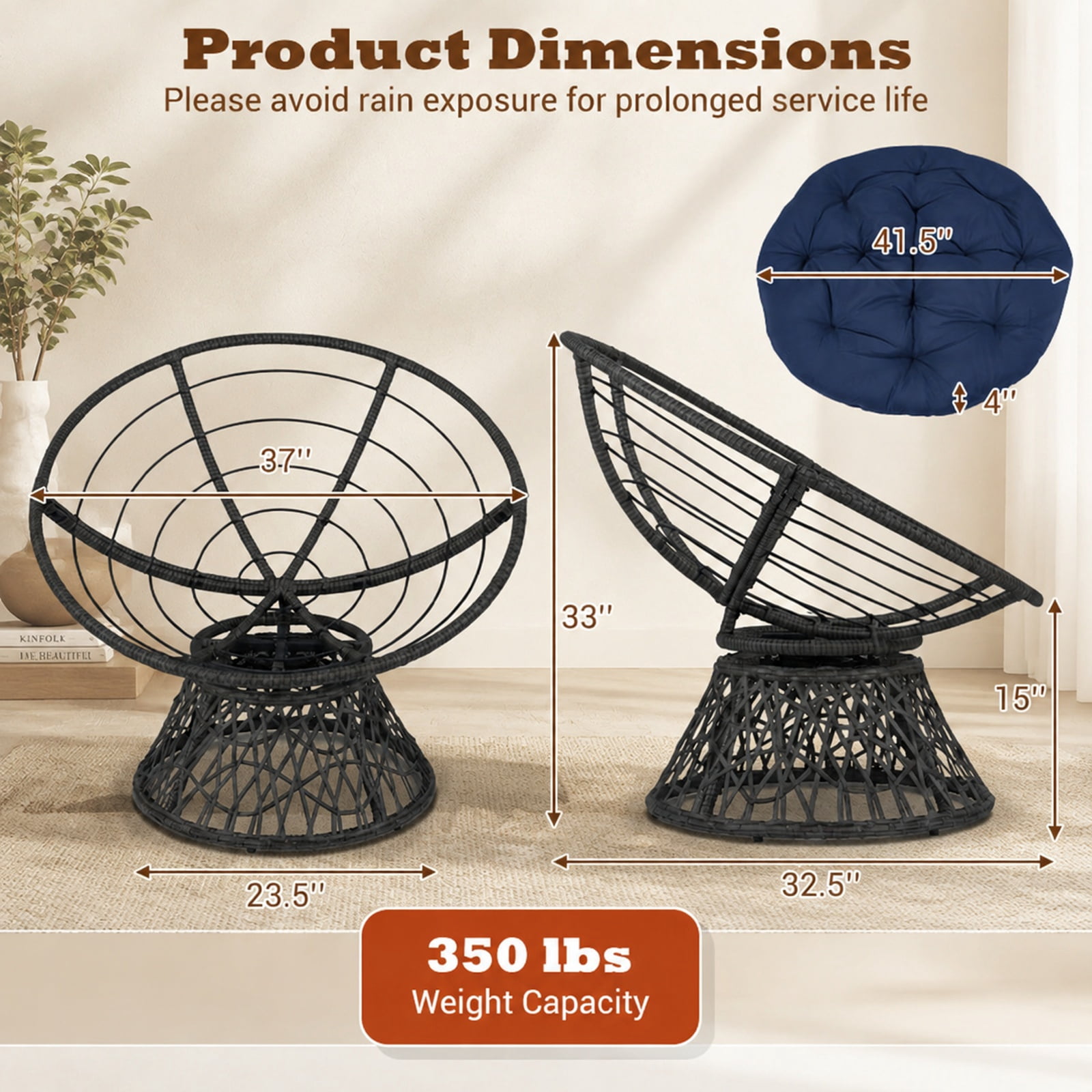 Furnibear Swivel Papasan Chair with Round Wicker Bowl Seat and Thick Soft Cotton Cushion for Living Room Bedroom and Patio, Navy