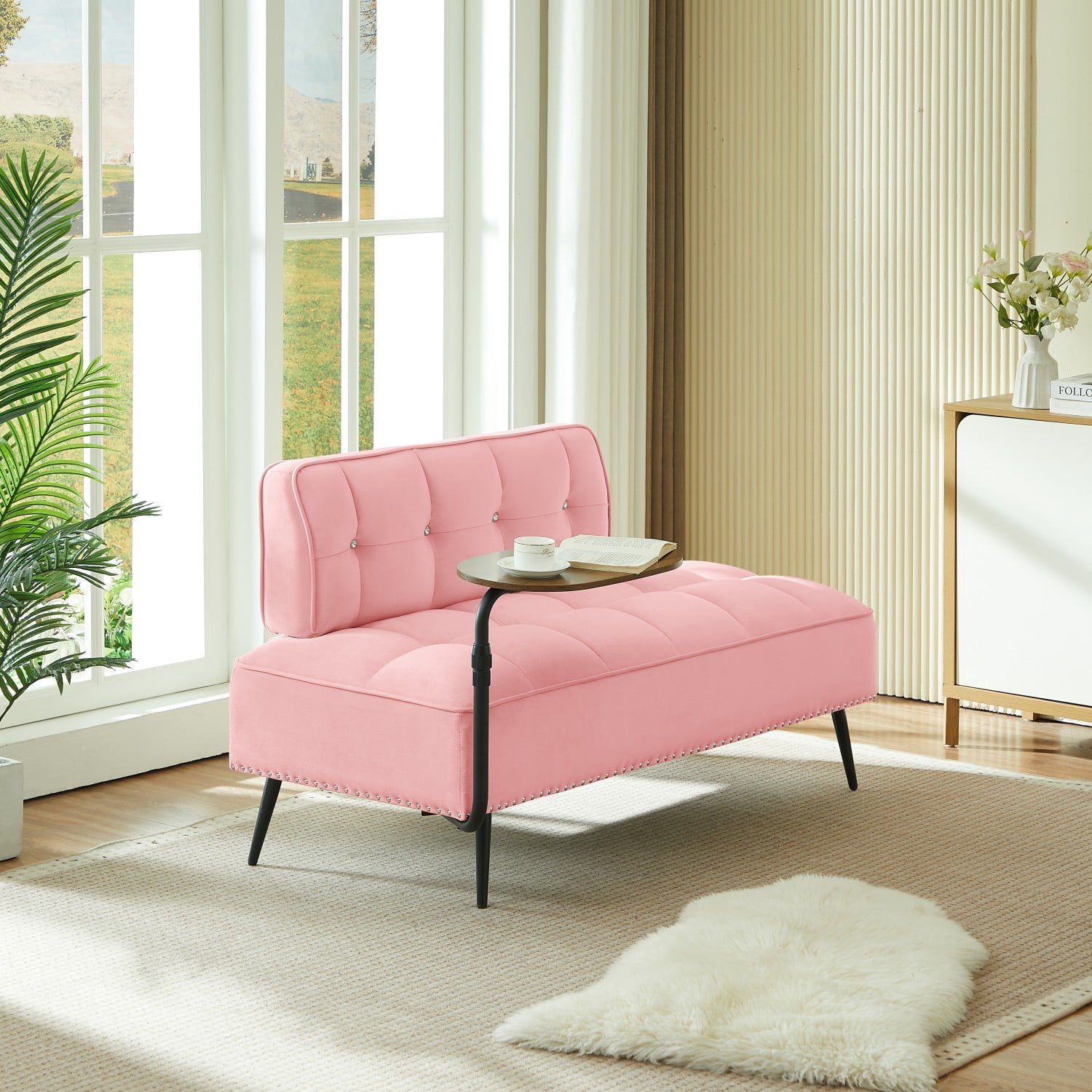 54-Inch Modern 2 Seater Velvet Sofa with 360 Rotating Side Table, Upholstered Couch with Nailhead Trim for Living Room Bedroom Apartment, Pink