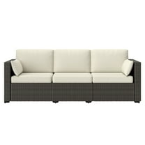 PE Wicker Outdoor Sofa, 3-Seat Rattan Patio Couch - Cream White
