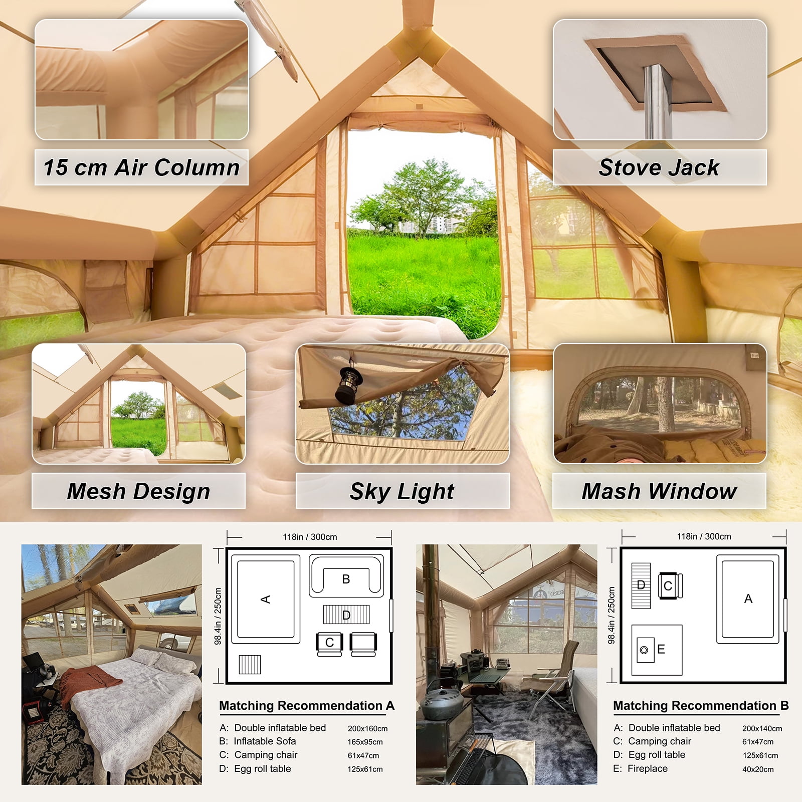 9.8' x 7' Inflatable Camping Tent,4 Season Blow up Tents for Camping, 4-6 Person Inflatable Tent with Stove Jack,Air Tents,Glamping Tent,Waterproof Luxury House with Mesh Window