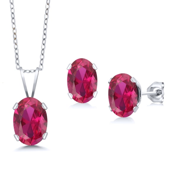 Gem Stone King 925 Sterling Silver Red Created Ruby Pendant Earrings Jewelry Set for Women | 1.85 Cttw | Gemstone July Birthstone | Oval 7X5MM | with 18 inch Chain