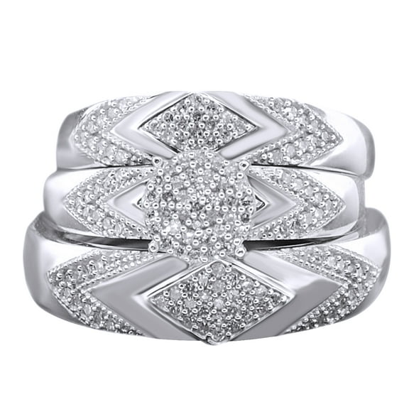AFFY White Natural Diamond Wedding & Engagement Trio Band Ring Set In 10k White Gold (0.4 Cttw)