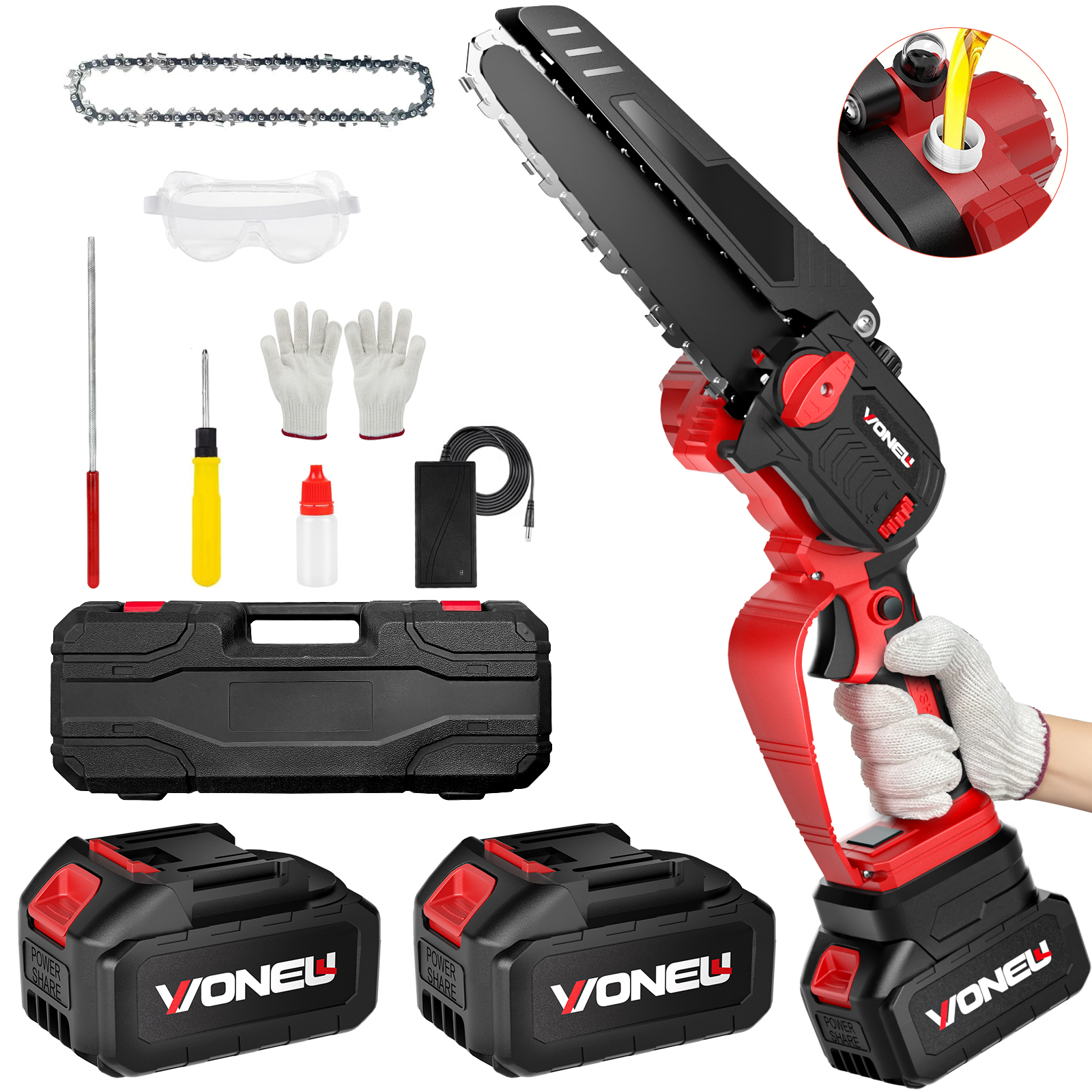 ABSOKE Mini Chainsaw, 8inch Cordless Handheld Chain saw with 2PCS 21V 3000mAh Batteries, Electric Powered Chain Saws
