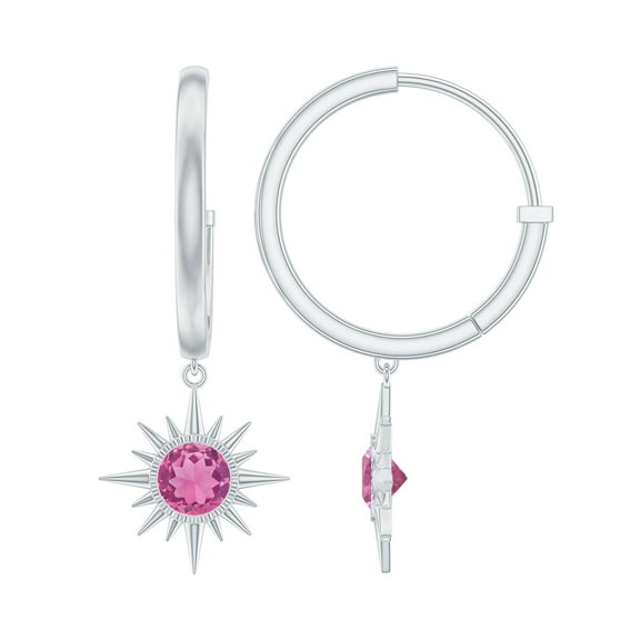 Rosec Jewels Sunburst Drop Earrings for Women - Real Pink Tourmaline Earrings, 10K White Gold