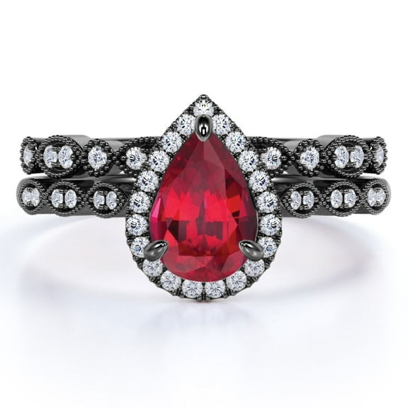 JeenMata 1.5 Carat Pear Cut Gothic Pigeon Blood Lab Created Ruby Bridal Ring Set in 18k Black Gold over Silver