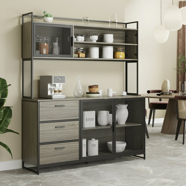 MONSLIPA Armoire de Rangement pour Garde-Manger de Cuisine, Buffet Bahut avec Huche, Porte en Treillis Métallique et 3 Tiroirs de Rangement, Gris