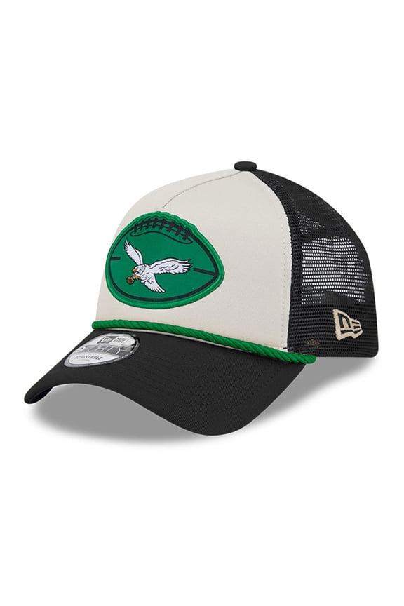 Men's New Era Stone/Black Philadelphia Eagles 2024 Sideline Historic 9FORTY A-Frame Trucker Adjustable Hat