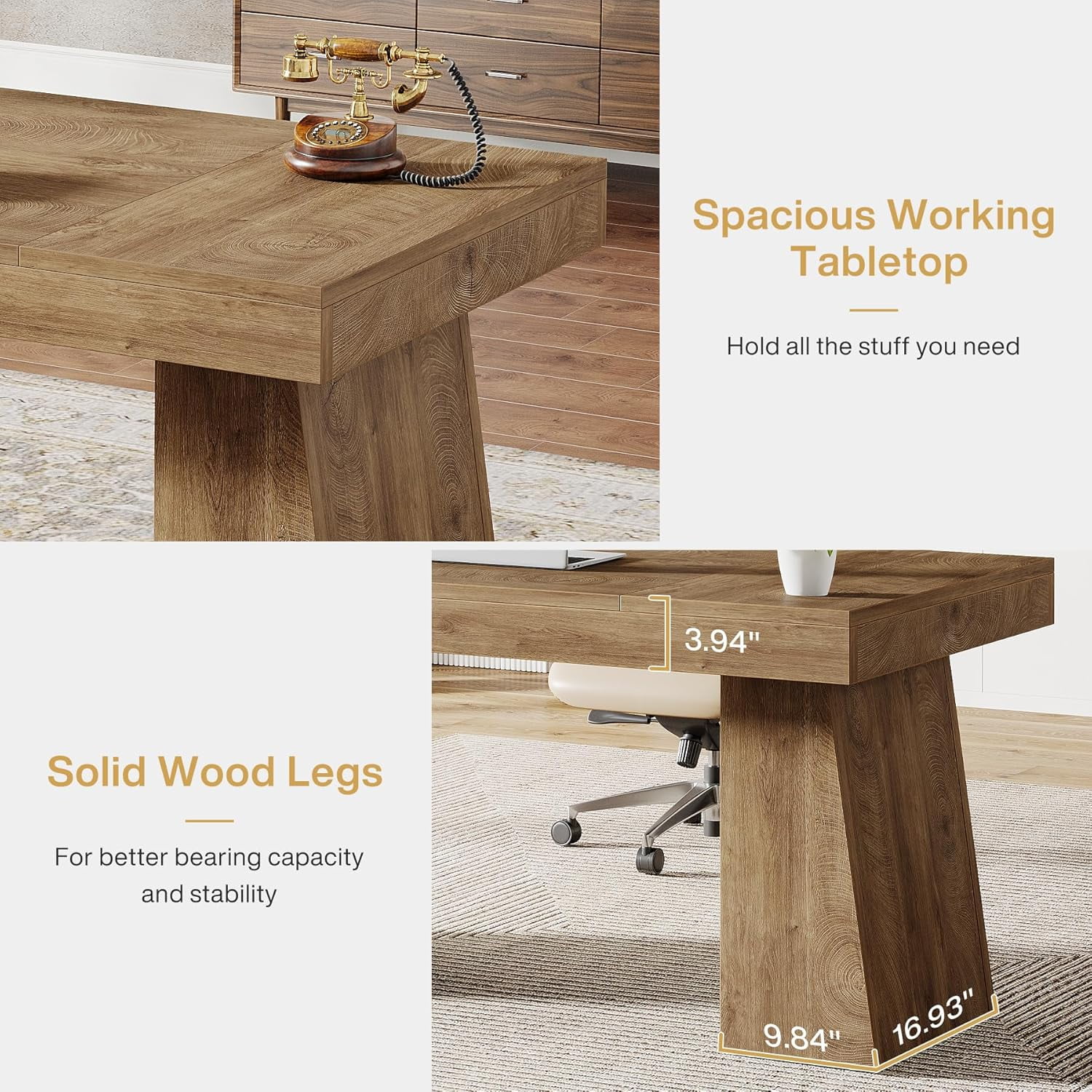 Tribesigns 55" Home Office Desk, Mid-Century Modern Executive Desk, Wood Computer Desk, Light Black