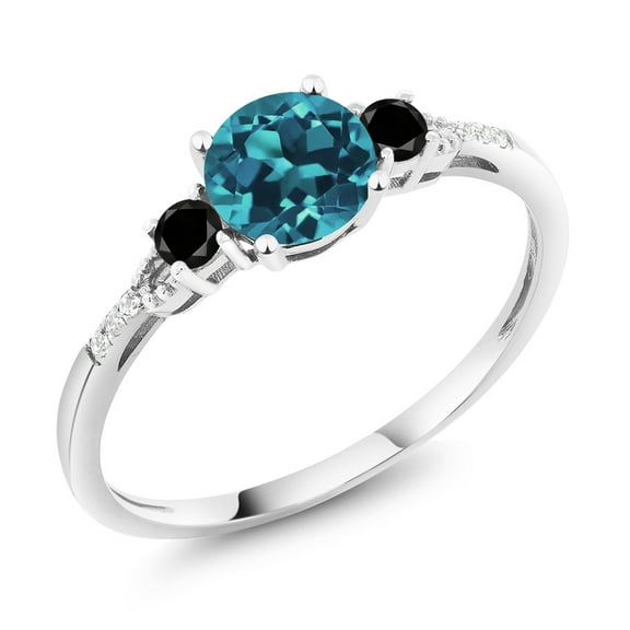 Gem Stone King 10K White Gold London Blue Topaz Black Diamond and White Diamond Accent 3-Stone Engagement Ring for Women (0.93 Cttw, Round 6MM, Gemstone November Birthstone, Size 7.5)