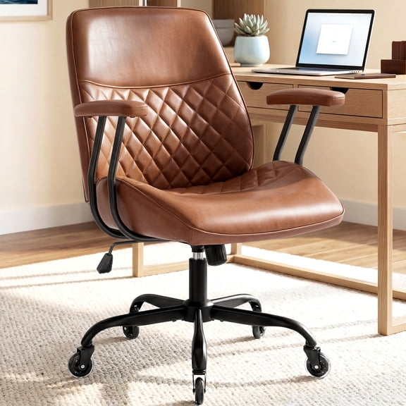 CELTOSS Executive Office Chair, Mid-Century Modern Ergonomic Mid Back Computer Desk Chair with Lumbar Support, PU Leather, Adjustable Height & Swivel for Home Office, Brown