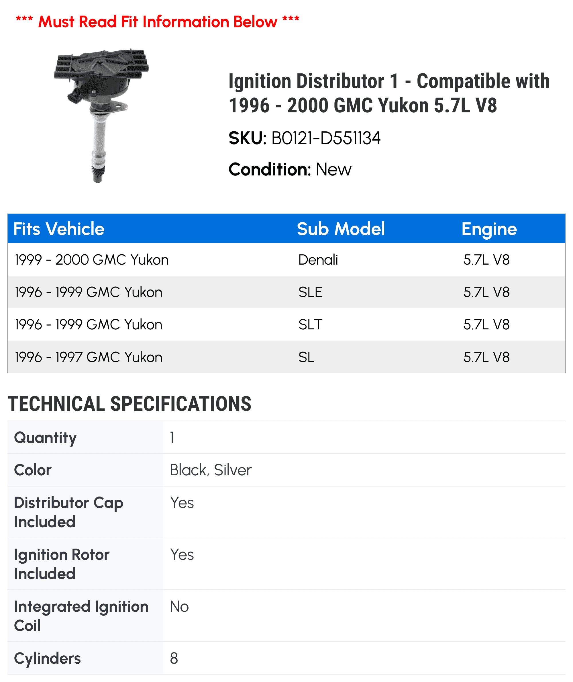 Ignition Distributor 1 - Compatible with 1996 - 2000 GMC Yukon 5.7L V8 - Autopart Premium