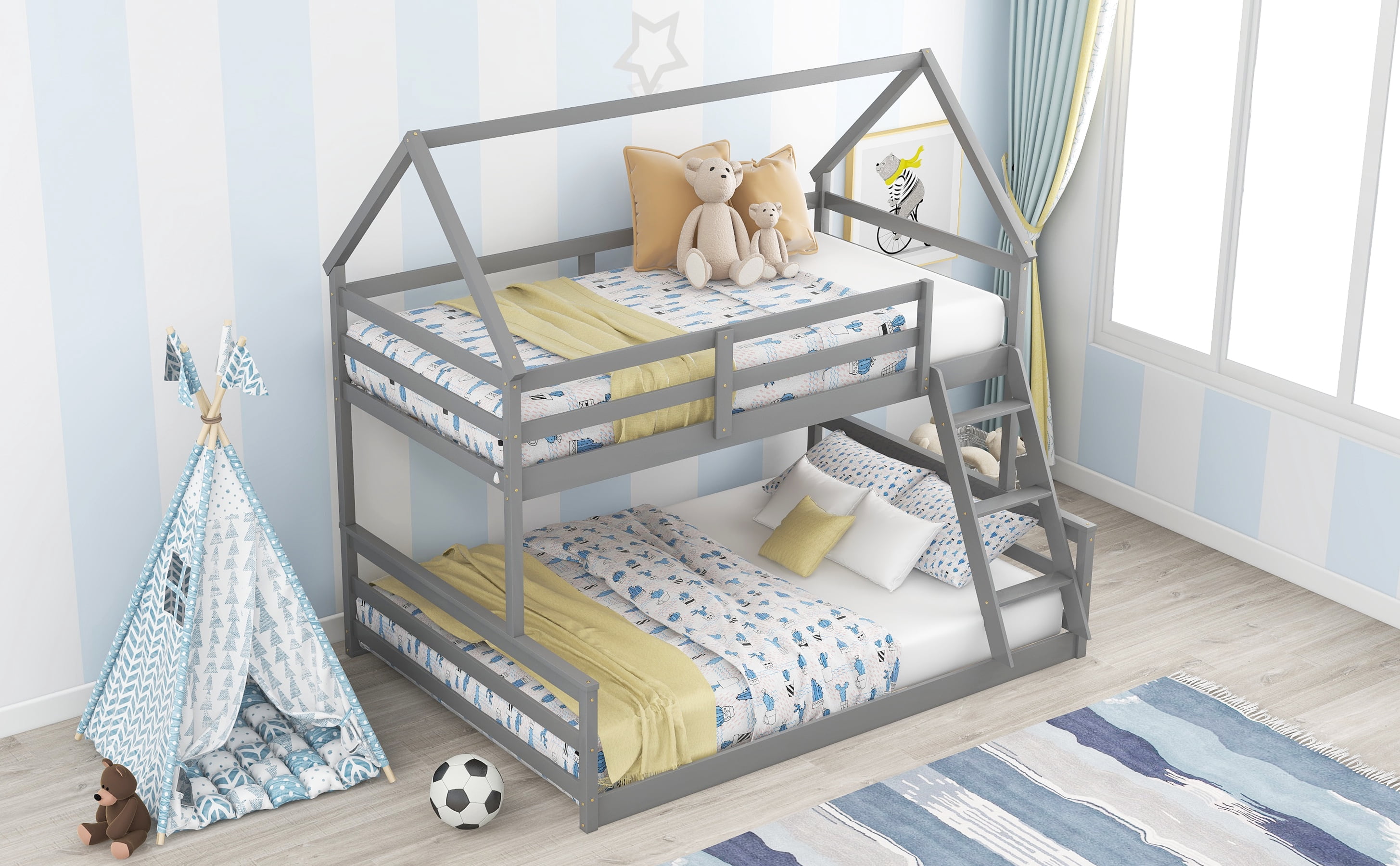 EUROCO Pine Wood Twin over Full Bunk Bed, House-Shaped for Kids Teens Bedroom, Gray