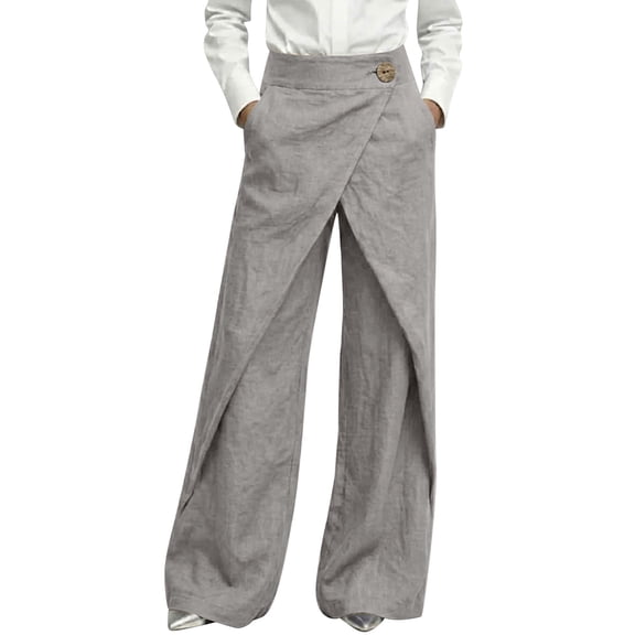 GUACER Wide Leg Trousers for Women High Waist Wrap Cotton Linen Cross Over Pants Button Casual Loose Fit Pants