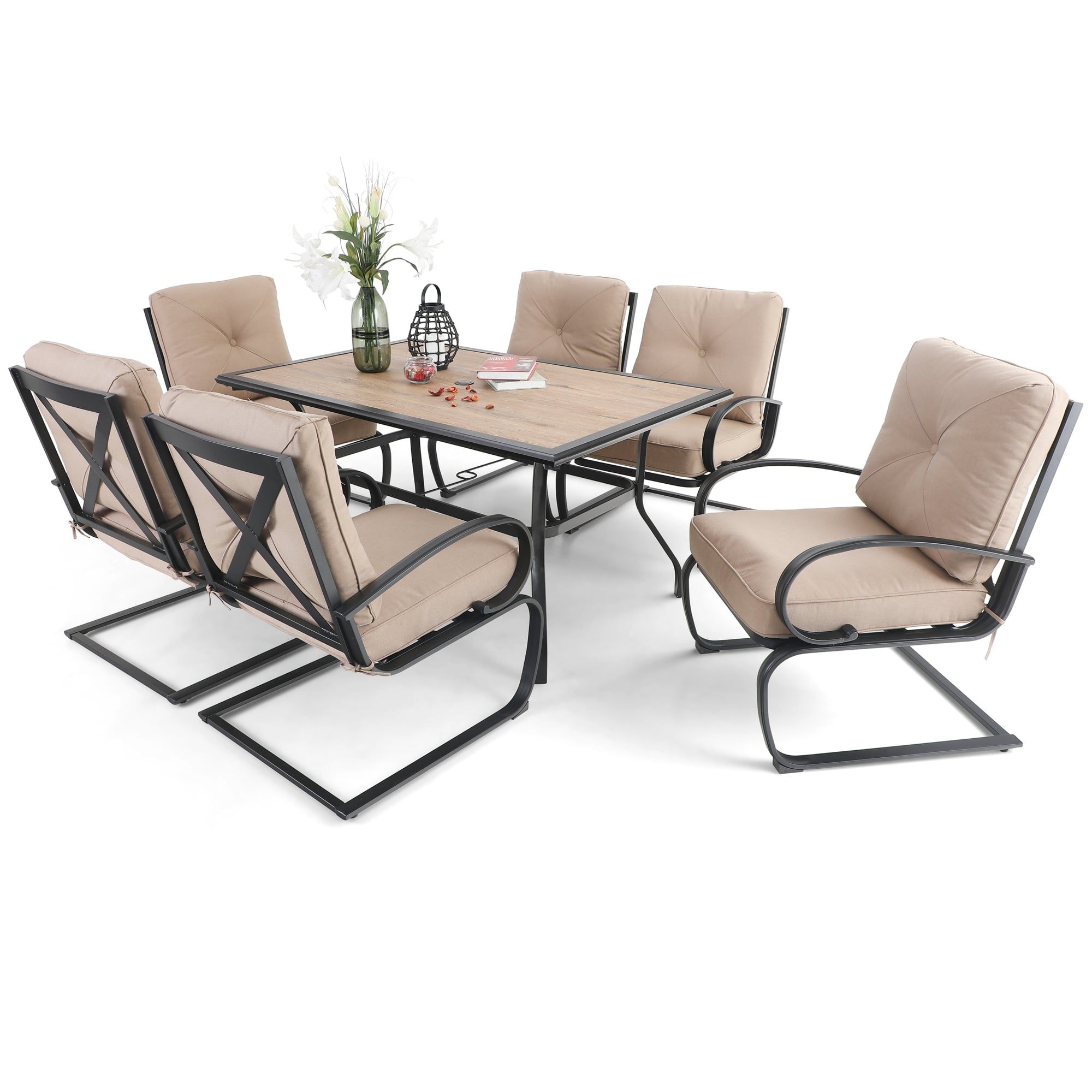 MF Studio 7PCS Outdoor Dining Set with Cushioned C-Spring Rocking Chairs and Rectangle Wood-like Table Modern Furniture for Patio, Beige