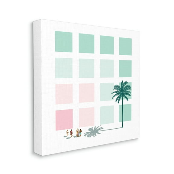 Tropical Palms and Beach Goers Geometric Pattern Coastal Gallery-Wrapped Canvas Print Wall Art, 17x17