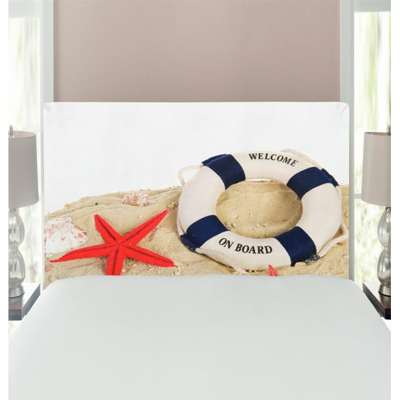 Coastal Headboard, and Shells Starfishes at Sandy Beach Coast Seaside Transport, Upholstered Decorative Metal Bed Headboard with Memory Foam, Twin Size, Navy Blue Eggshell Red, by Ambesonne