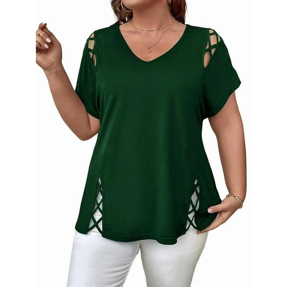 Womens Short Sleeve Tunic Tops Cut Out V Neck Dressy Casual Loose Fit Long Tops Dark Green 5XL