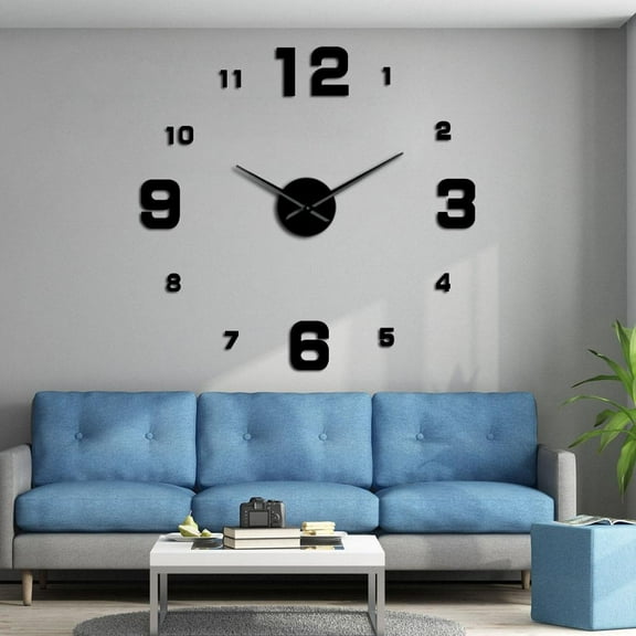 Large Frameless DIY Wall Clocks Mute Mirror Number Stickers Modern Giant Wall Clock Non Ticking for Living Room Bedroom Kitchen(Black,27inch)
