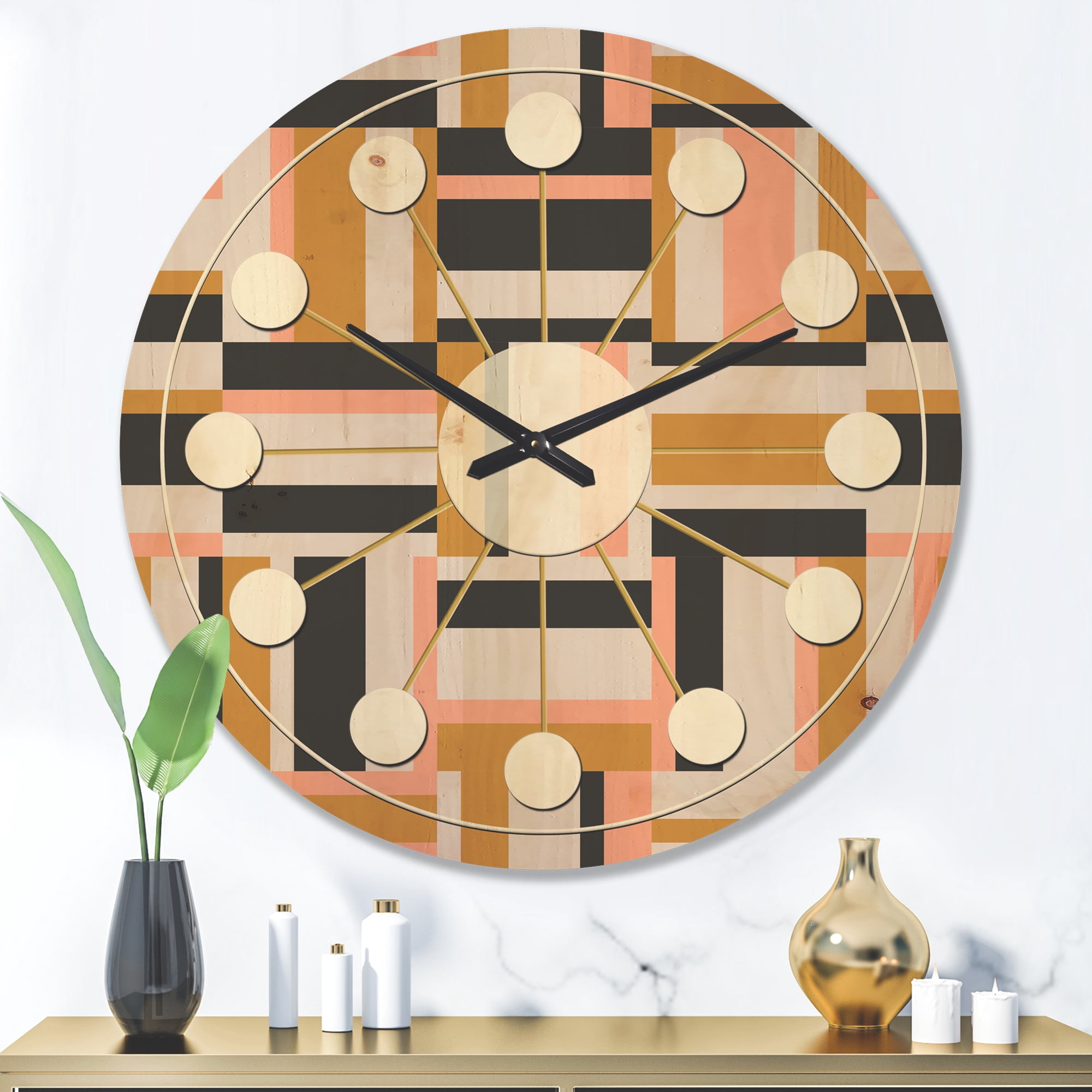 Designart 'Abstract Retro Geometric Pattern Design IX' Mid-Century Modern Wood Wall Clock