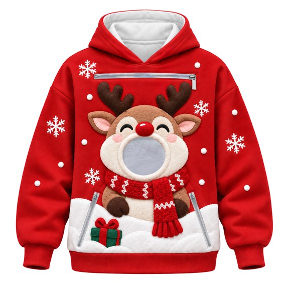 BOOMNY Christmas Pet Pouch Hoodie For Kids Funny Reindeer Graphic Long Sleeve Cat Dog Hoodies Kangaroo Pocket Warm Fall Winter Hooded Sweatshirts with Pocket