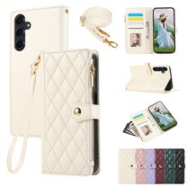 for Samsung Galaxy S24 Wallet Case with Zipper Pocket Card Holder & Crossbody Lanyard Strap & Wrist Strap, Flip Stand PU Leather Magnetic Folio Purse Case for Galaxy S24, Beige