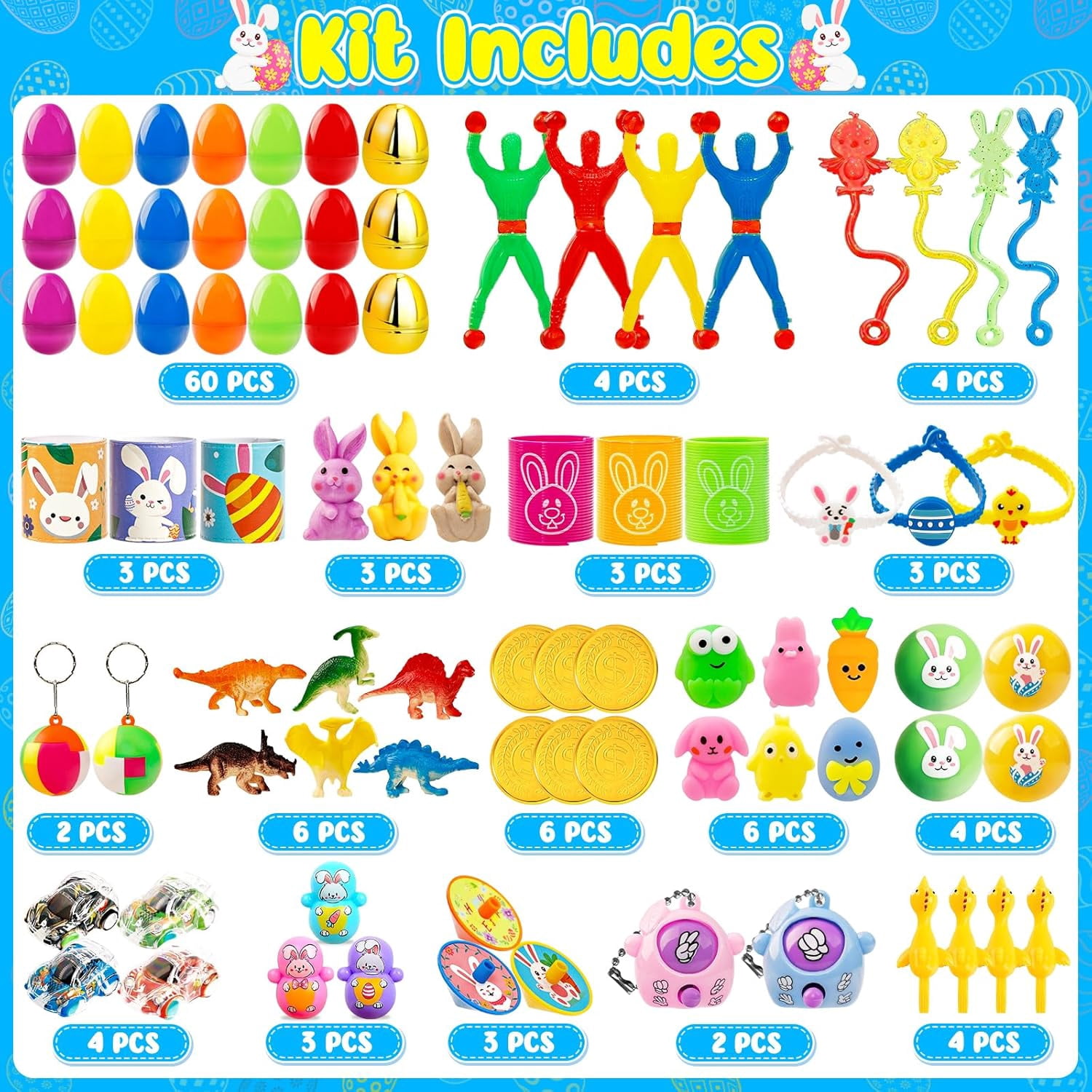 [ 6 Surprise Golden Eggs ] 60Pcs Prefilled Easter Egg with Assorted Toys, Plastic Easter Eggs Fillers for Kids, Basket Stuffers,Egg Hunt Party Favors Classroom Prizes Supplies for Boys Girls