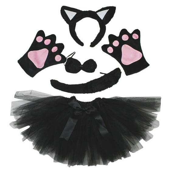Petitebelle Cat Headband Bowtie Tail Gloves Tutu 5pc Costume (Black/White, 1-5 Years)