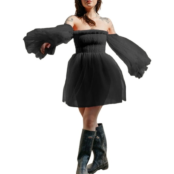 Sedceaty Female Casual Dress, Summer Solid Color Square Neck Long See-Through Sleeve One-Piece, S/M/L/XL