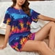thumbnail image 4 of Fotbe Beach with Palm Trees Conjunto de Pijama Estampado para Mujer, 2 Piezas, Ropa de Dormir con Camiseta de Manga Corta y Shorts Suaves-Large, 4 of 6