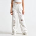 thumbnail image 2 of Xijirk Girls Pants Casual Denim Jeans Loose Wide Leg Trousers With Heavy Distressed Elastic Waist Solid Color For Summer Daily Wear,Beige,10-11 Years, 2 of 6