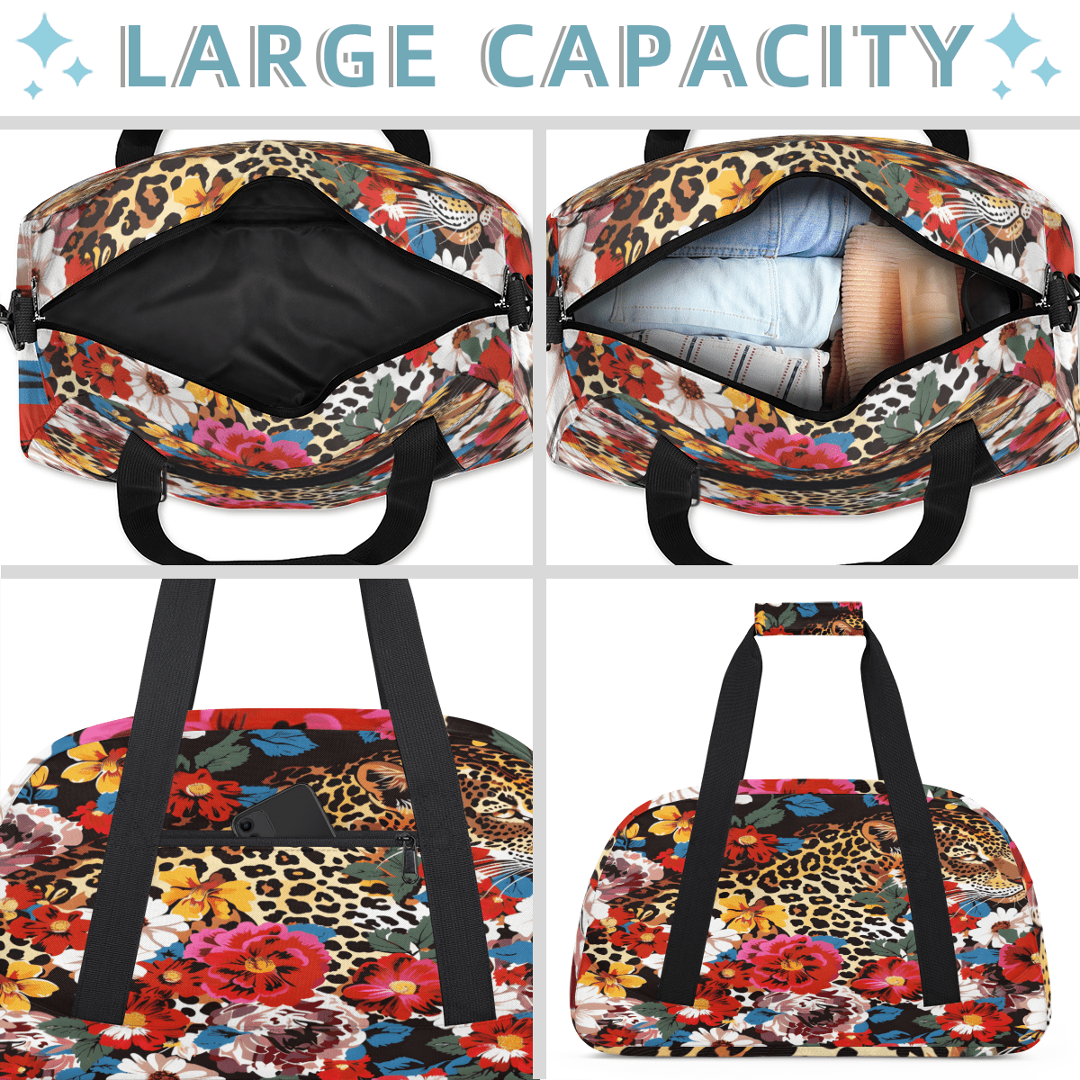 Herdesigns Leopard Cheetah Flower Sports Duffle Bag for Women & Men, Gym Bag Dance Bag Overnight Bag Carry On Weekender Travel Bag