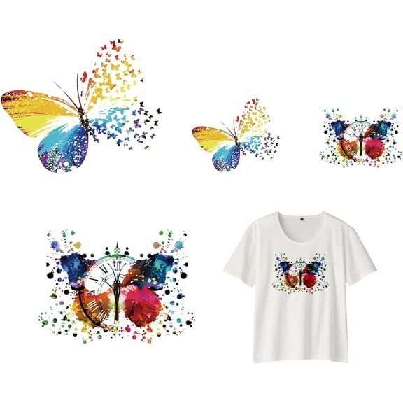 1 Set 4 Pcs Butterfly Heat Transfer Stickers Iron On Transfer Patches Butterfly Clock Rainbow Gradient Pattern DIY PET Iron On Transfers Patches Decals for T-Shirt Sweatshirt Backpack Clothing