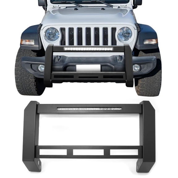 Ikon Motorsports Bull Bar Front Push Brush Bumper Grille Guard W/LED Light For 2018-2025 Jeep Wrangler JL & 2020-2025 Gladiator JT, Steel Aluminum