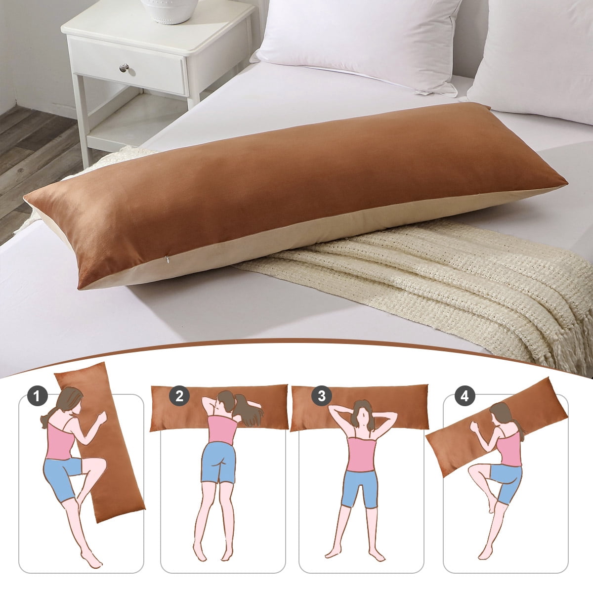 Full Velvet Body Plliow for Adults, Big Pillows Bed, 20"x54" Long Pillow with Removable, Pillow for Home Bedroom Pregnant Women, Camel & Brown