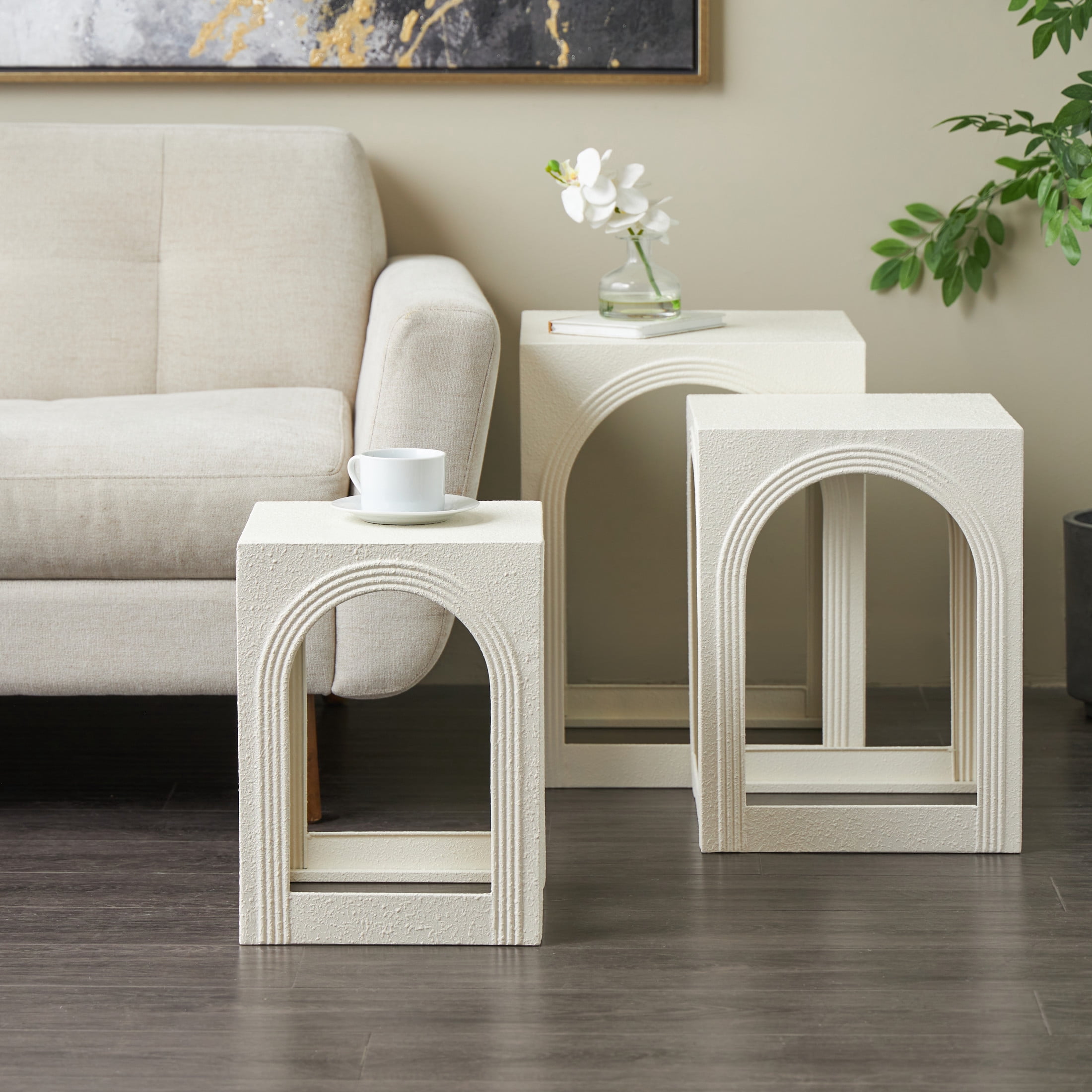 DecMode 12" x 16" White Metal Nested Accent Table with Arched Cutouts, 3-Pieces