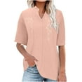 thumbnail image 2 of Women's Vintage Linen Blend Tops Short Sleeve V Neck Buttons T Shirt Solid Color Casual Blouses Pink,S, 2 of 5