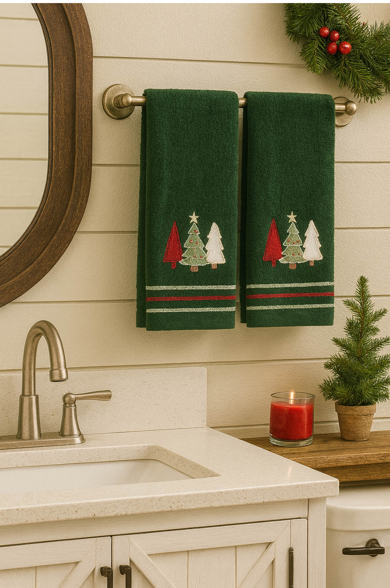 St Nicholas Christmas Tree Trio Green Bath Hand Towels Cotton Set of 2 Pieces