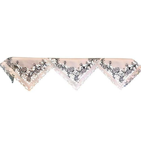 

Doily Boutique Fireplace Mantel Scarf with a Blue Roses on Bleached White Fabric Handmade Size 84 x 27 inches