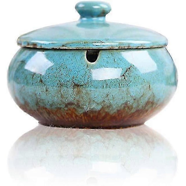 Ceramic Ashtray With Lids, Windproof, Cigarette Ashtray Indoor Or Outdoor Useash For Smokers(Blue)
