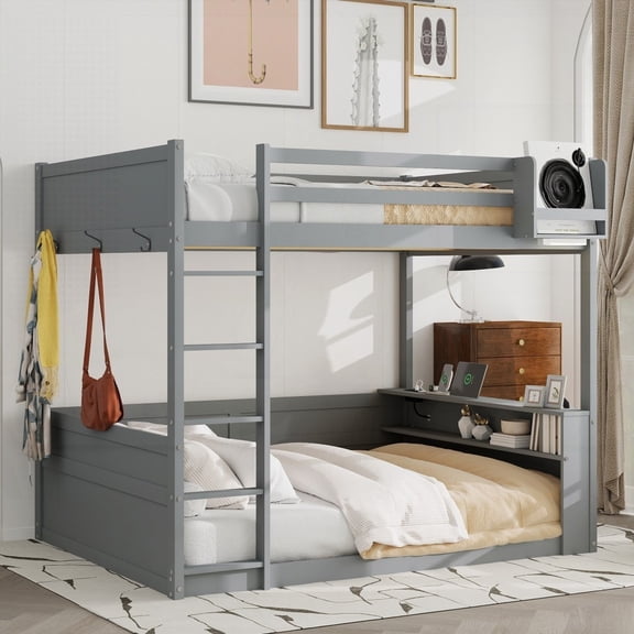 Queen Size Wooden Bunk Bed in Grey with Storage & Charging Station