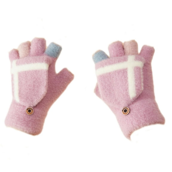 Thermal Insulation Fingerless Texting Wool Gloves for Women and Men Winter Warm Knitted Convertible Mittens Flap,Pink