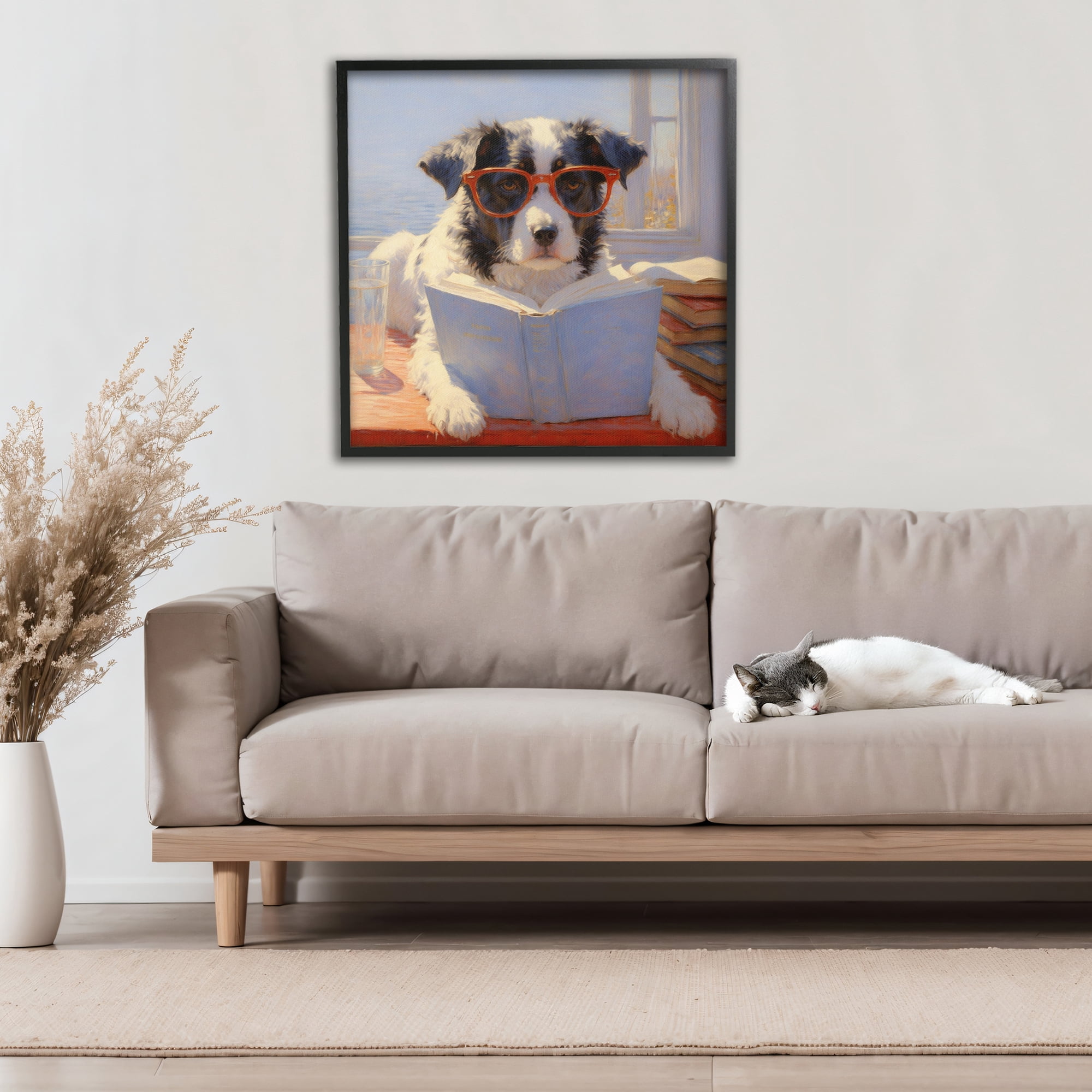 Stupell Industries Sunlit Dog Reading By Window Black Framed Giclee Art, design by Angie Hawke